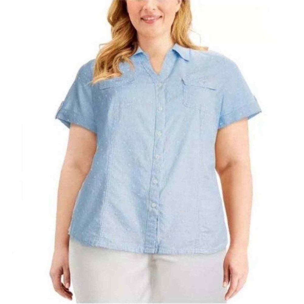 Karen Scott Shirt Womens 0X Blue Chambray Button Front Short Sleeve NWT